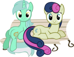 Size: 900x694 | Tagged: safe, bon bon, lyra heartstrings, sweetie drops, earth pony, pony, unicorn, g4, bench, duo, female, looking at you, mare, simple background, sitting, sitting lyra, transparent background