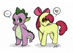 Size: 700x514 | Tagged: safe, artist:christinies, artist:tokoshoran, apple bloom, spike, g4, blushing, colored, female, interspecies, male, ship:spikebloom, shipping, straight