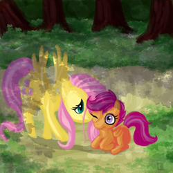 Size: 2400x2400 | Tagged: safe, artist:fauxsquared, fluttershy, scootaloo, pegasus, pony, g4, duo, female, filly, foal, forest, high res, lying down, mare, prone