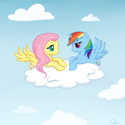 Size: 566x566 | Tagged: safe, artist:clawshawt, fluttershy, rainbow dash, pegasus, pony, g4, cloud, duo, female, looking at each other, looking at someone, mare, on a cloud, outdoors, sky, smiling, spread wings, wings