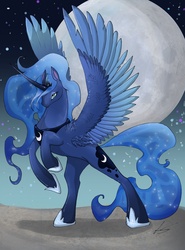 Size: 2408x3261 | Tagged: safe, artist:qwertydragon00, princess luna, alicorn, pony, g4, female, high res, mare, moon, rearing, solo, space