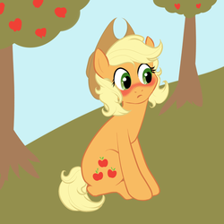 Size: 2000x2000 | Tagged: safe, artist:deadgirlslikeme, applejack, earth pony, pony, g4, alternate hairstyle, blushing, female, high res, mare, short hair, sitting, solo