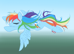 Size: 2500x1848 | Tagged: safe, artist:deadgirlslikeme, rainbow dash, pegasus, pony, g4, eyes closed, female, flying, mare, solo, spread wings, wings