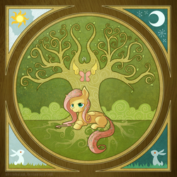 Size: 1200x1200 | Tagged: dead source, safe, artist:thenecrobalam, fluttershy, pegasus, pony, rabbit, g4, crossed hooves, element of harmony, element of kindness, flower, flower in hair, flower in tail, missing cutie mark, modern art, moon, nouveau, sun, tree