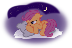 Size: 4828x3253 | Tagged: safe, artist:archonitianicsmasher, scootaloo, pegasus, pony, g4, cloud, crescent moon, cute, cutealoo, female, filly, lidded eyes, moon, on a cloud, pillow, simple background, sleepy, solo, stars, transparent background, vector