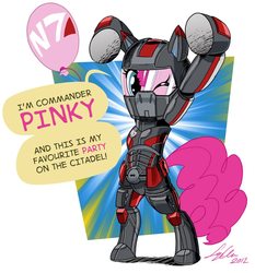 Size: 896x960 | Tagged: safe, artist:crikeydave, pinkie pie, earth pony, pony, g4, armor, balloon, bipedal, crossover, dialogue, female, helmet, looking at you, mare, mass effect, n7, n7 armor, one eye closed, parody, speech bubble, wink