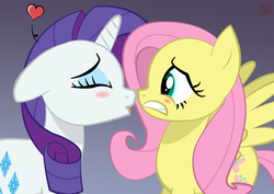 Size: 1600x1133 | Tagged: safe, artist:brutaldeeds, fluttershy, rarity, g4, blushing, eyes closed, female, heart, imminent kissing, kissing, lesbian, ship:flarity, shipping