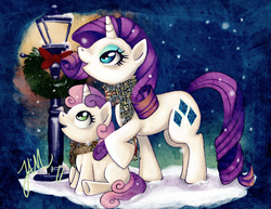 Size: 2500x1932 | Tagged: safe, artist:jabbym, artist:mcl-jessie, rarity, sweetie belle, g4, 2011, christmas, clothes, cute, description in comments, diasweetes, duo, family, raribetes, scarf, sisters, snow, snowfall, streetlight, wholesome, wreath