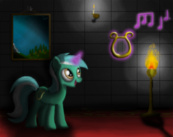 Size: 1000x792 | Tagged: safe, artist:tuore, lyra heartstrings, pony, unicorn, g4, female, horn, lyre, mare, music notes, solo, torch