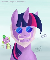 Size: 838x1008 | Tagged: safe, artist:rain, spike, twilight sparkle, dragon, unicorn, g4, batman, beard, duo, duo male and female, female, horn, male, sunglasses, unicorn twilight, wingless spike