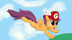 Size: 900x506 | Tagged: safe, artist:demonslyrqt, scootaloo, g4, cap, flying, hat, male, mario, mario's hat, nintendo, power-up, scootaloo can fly, super mario 64, super mario bros., wing cap