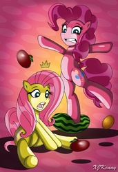 Size: 550x803 | Tagged: safe, artist:xjkenny, fluttershy, pinkie pie, pony, g4, apple, duo, orange, watermelon