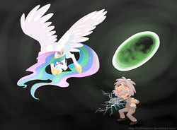 Size: 1085x797 | Tagged: safe, artist:hollowzero, princess celestia, cyborg, g4, albert einstein, mafia, portal