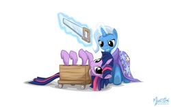 Size: 1680x1050 | Tagged: safe, artist:mysticalpha, trixie, twilight sparkle, g4, box, box sawing trick, cape, clothes, crosscut saw, duo, magic, magic trick, on back, saw, simple background, this will end in tears, trixie's cape, wallpaper, white background