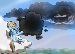Size: 1000x727 | Tagged: safe, artist:willdrawforfood1, rainbow dash, pony, g4, cloud, cloudy, female, hard hat, hat, lightning, solo, stormcloud