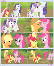 Size: 1500x1800 | Tagged: safe, artist:snapai, apple bloom, applejack, pinkie pie, rarity, sweetie belle, earth pony, pony, unicorn, g4, comic, female, filly, foal, kiss on the lips, kissing, lesbian, mare, ship:applepie, shipping