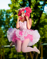 Size: 1520x1900 | Tagged: safe, artist:deadly-doll, artist:sandman-ac, pinkie pie, human, g4, clothes, cosplay, cute, dress, irl, irl human, jumping, photo, solo