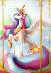 Size: 2100x2983 | Tagged: safe, artist:maocha, princess celestia, alicorn, pony, g4, crown, female, high res, hoof shoes, jewelry, mare, peytral, raised hoof, regalia, sitting, solo, spread wings, wings
