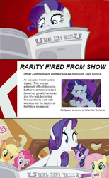 Size: 670x1089 | Tagged: safe, artist:ponyflea, edit, edited screencap, screencap, applejack, fluttershy, pinkie pie, rarity, twilight sparkle, pony, unicorn, g4, ponyville confidential, abstract background, comic, female, horn, i'll destroy her, mare, meme, newspaper, open mouth, screencap comic, written equestrian