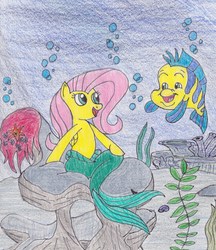 Size: 2198x2539 | Tagged: safe, artist:darkknighthoof, fluttershy, fish, mermaid, merpony, pegasus, pony, g4, bubble, crossover, dorsal fin, female, fish tail, flounder (the little mermaid), high res, looking at each other, looking at someone, mare, mermaid tail, ocean, open mouth, rock, seaweed, sitting, smiling, tail, the little mermaid, traditional art, underwater, water