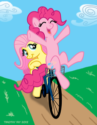 Size: 600x768 | Tagged: safe, artist:tim-kangaroo, fluttershy, pinkie pie, earth pony, pegasus, pony, g4, bicycle, female, mare, ride to conquer cancer