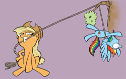 Size: 900x569 | Tagged: safe, artist:willdrawforfood1, applejack, rainbow dash, pony, g4, duo, rope, suspended