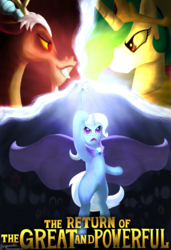 Size: 1024x1500 | Tagged: safe, artist:angerelic, discord, princess celestia, trixie, g4, bipedal, elements of harmony, scepter