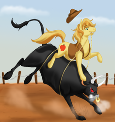 Size: 1400x1479 | Tagged: dead source, safe, artist:cartoonlion, braeburn, bull, earth pony, pony, g4, bronco buster, duo, flank strap, male, nose piercing, nose ring, nudity, piercing, ponies riding bulls, riding, rodeo, sheath, stallion