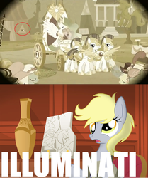 Size: 1904x2280 | Tagged: artist needed, safe, bonnie, cinnabelle, derpy hooves, jolene, princess celestia, rosewood brooke, pegasus, pony, g4, conspiracy, female, giorgio a. tsoukalos, illuminati, mare, royal guard