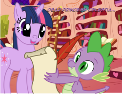 Size: 1304x1006 | Tagged: safe, artist:fluttershyluv, spike, twilight sparkle, dragon, unicorn, g4, duo, duo male and female, female, golden oaks library, horn, male, mare, open mouth, vector