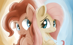 Size: 3250x2000 | Tagged: safe, artist:teknibaal, fluttershy, pinkie pie, pony, g4, back to back, bust, duo, female, high res, hooves to the chest, looking at each other, looking sideways, mare, smiling