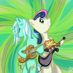 Size: 1000x1000 | Tagged: safe, artist:cheshiresdesires, bon bon, lyra heartstrings, sweetie drops, earth pony, pony, unicorn, g4, abstract background, bass guitar, bipedal, duo, electric guitar, eyes closed, grin, guitar, musical instrument, smiling