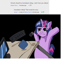 Size: 550x554 | Tagged: safe, twilight sparkle, g4, comments, computer, computer mouse, frown, keyboard, meme, smosh, table, table flip, unamused, youtube