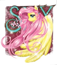 Size: 4500x5141 | Tagged: safe, artist:necronometer, fluttershy, pegasus, pony, g4, absurd resolution, bust, female, hair accessory, looking at you, mare, modern art, name, nouveau, passepartout, profile, shiny, smiling, solo, spread wings, wings