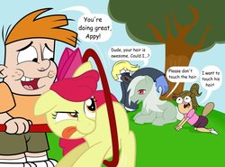 Size: 900x665 | Tagged: safe, artist:cartuneslover16, apple bloom, oc, oc:empty, human, g4, adam lyon, blondecai, comic sans, crossover, male, my gym partner's a monkey, regular show, wat