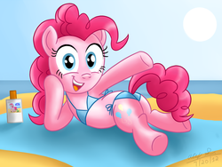 Size: 1280x960 | Tagged: safe, artist:aleximusprime, pinkie pie, earth pony, pony, g4, adorasexy, balloonbutt, beach, bikini, blue swimsuit, butt, clothes, cute, female, plot, sexy, side-tie bikini, solo, string bikini, swimsuit