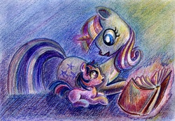 Size: 861x600 | Tagged: safe, artist:maytee, twilight sparkle, twilight velvet, g4, book, duo, filly, mother and daughter, open mouth, reading