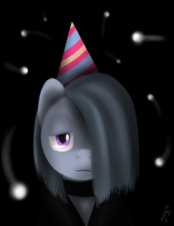 Size: 1000x1300 | Tagged: safe, artist:demoxyraphym-mslyce, marble pie, earth pony, pony, g4, alone, choker, clothes, female, hat, hoodie, lonely, lonely inky, party hat, solo, stars