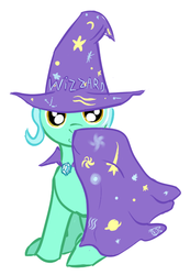 Size: 477x689 | Tagged: safe, artist:cheshiresdesires, lyra heartstrings, pony, unicorn, g4, cape, clothes, discworld, female, hat, looking at you, raised hoof, rincewind, simple background, sitting, smiling, solo, the great and powerful, trixie's cape, trixie's hat, white background, wizard hat, wizzard