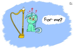 Size: 2824x1971 | Tagged: safe, artist:cheshiresdesires, lyra heartstrings, pony, unicorn, g4, :3, dialogue, female, filly, harp, musical instrument, question mark, sitting, smiling, solo, younger