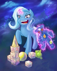 Size: 640x800 | Tagged: safe, artist:samaerro, trixie, pony, unicorn, ursa minor, g4, ball, blocks, female, magic, mare, solo, toy, train