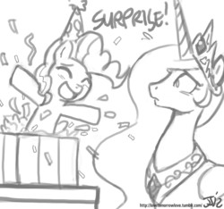 Size: 1280x1200 | Tagged: safe, artist:johnjoseco, pinkie pie, princess celestia, g4, grayscale, monochrome