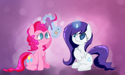 Size: 2000x1200 | Tagged: safe, artist:strabarybrick, pinkie pie, rarity, g4, alternate hairstyle, brush, grooming, hairspray, magic