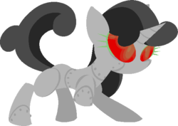 Size: 561x397 | Tagged: safe, artist:frostedwarlock, sweetie belle, pony, robot, robot pony, unicorn, g4, blank flank, crossover, female, filly, foal, homestuck, hooves, horn, raised hoof, red eyes, simple background, solo, sweetie bot, transparent background