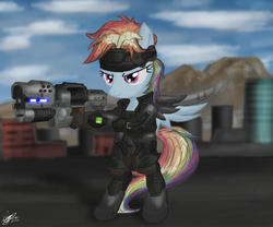 Size: 3190x2653 | Tagged: safe, artist:great-5, rainbow dash, g4, armor, crossover, high res, ponies with guns, raygun, science fiction