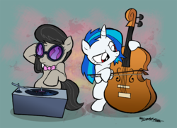 Size: 1000x727 | Tagged: safe, artist:willdrawforfood1, dj pon-3, octavia melody, vinyl scratch, earth pony, pony, unicorn, g4, abstract background, accessory swap, cello, duo, filly, musical instrument