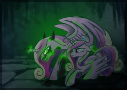 Size: 1260x893 | Tagged: dead source, safe, artist:probablyfakeblonde, princess cadance, queen chrysalis, alicorn, changeling, changeling queen, pony, g4, disguise, disguised changeling, fake cadance, female