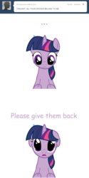 Size: 500x1002 | Tagged: safe, artist:somepony, twilight sparkle, pony, unicorn, g4, ..., amputation, amputee, ask, asksparklesanddashie, blue feather, cute, dialogue, dilated pupils, feather, female, floppy ears, grimcute, looking at you, magical amputation, mare, missing limb, puppy dog eyes, sad, simple background, solo, stump, transparent background, unicorn twilight