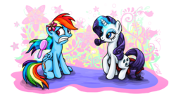 Size: 1920x1080 | Tagged: safe, artist:dcpip, rainbow dash, rarity, pegasus, pony, unicorn, g4, brush, female, grooming, magic, makeover, mare