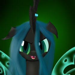 Size: 1000x1000 | Tagged: safe, artist:rodolfomushi, queen chrysalis, changeling, changeling queen, g4, bust, fangs, female, frown, open mouth, smiling, solo